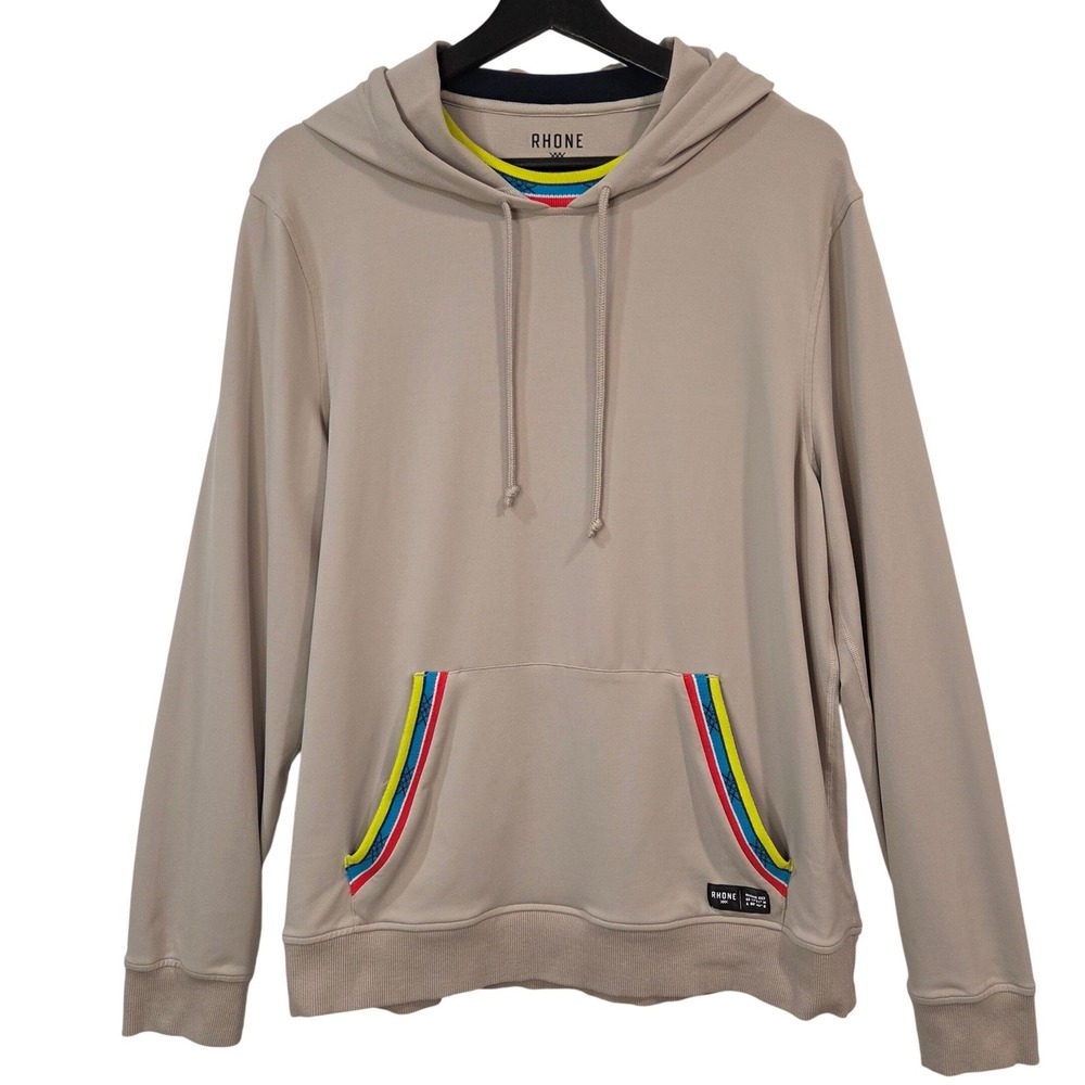 Rhone Mens M Performance Hoodie Beige Stretch Multicolor Stripe Pullover Pocket